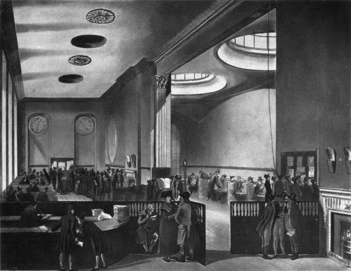 Hand-coloured print of the Subscription Room at Lloyd's, with merchants and underwriters at desks and talking in groups beneath tall windows and clocks