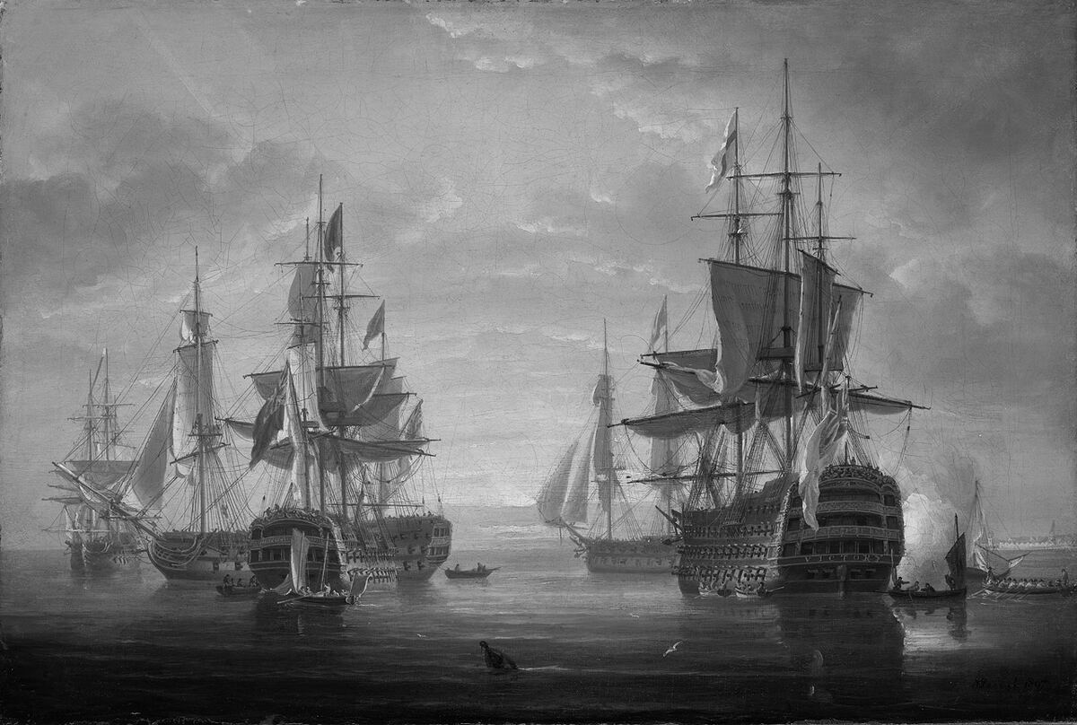 Oil painting of five British warships becalmed at anchor, sails hung out to dry, under a bright evening sky