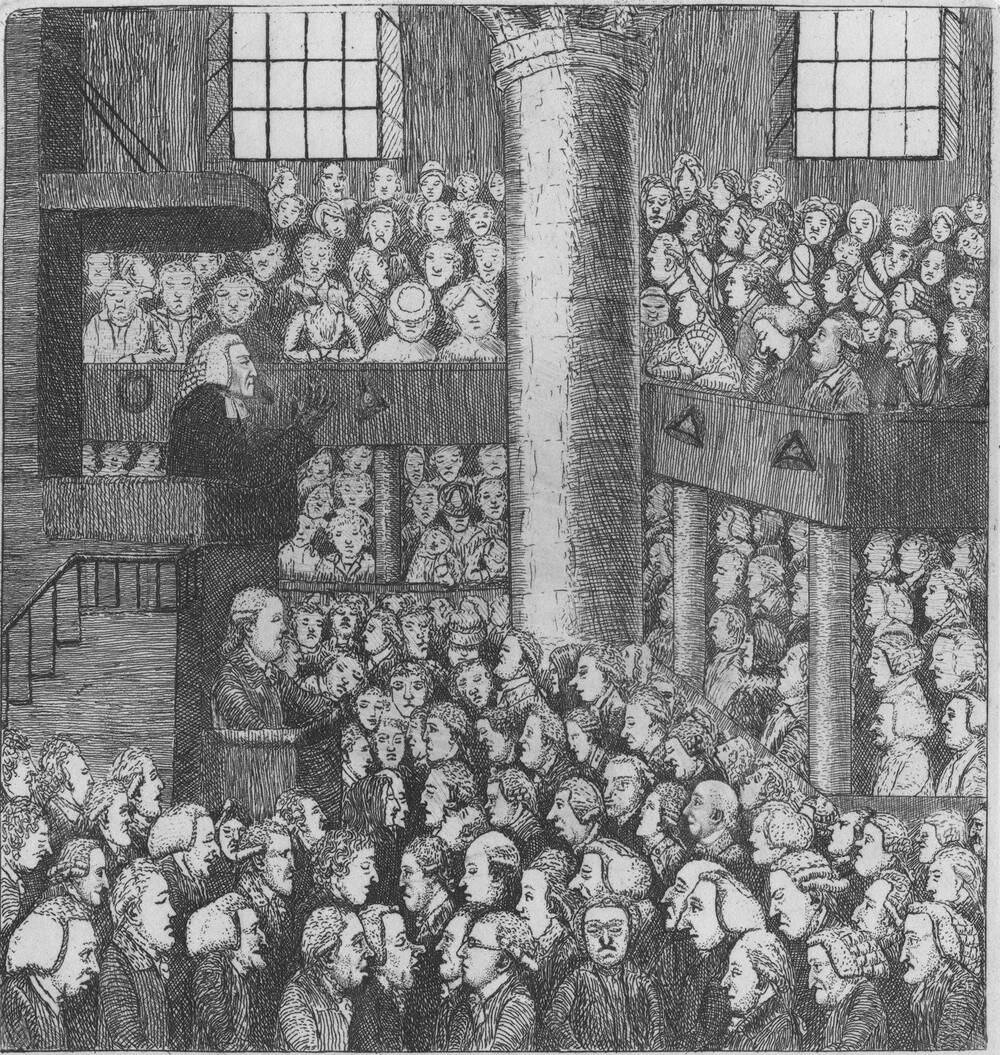 Etching of Rev. Dr Alexander Webster preaching from the pulpit to a crowded congregation in the Tolbooth Church, Edinburgh