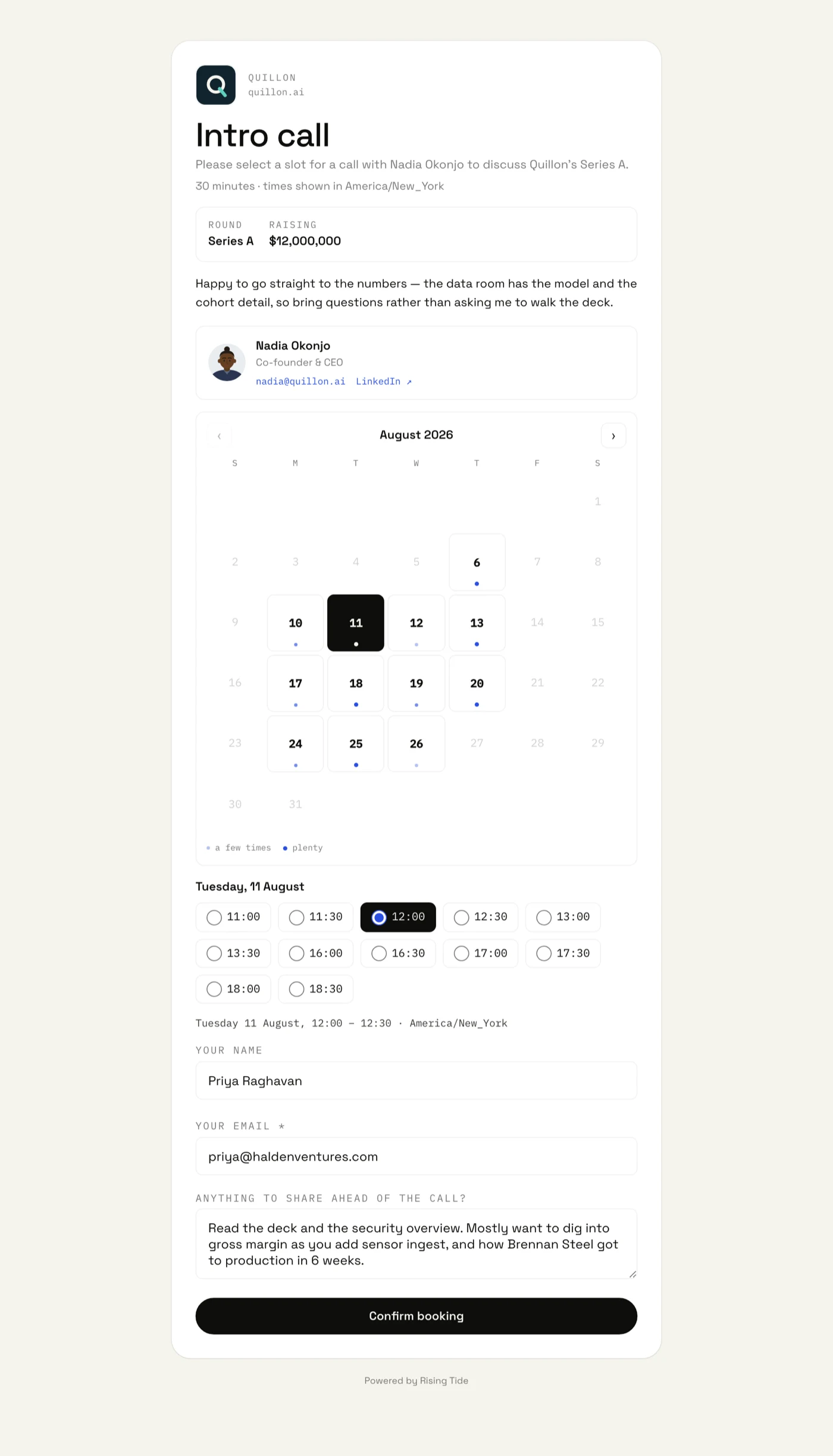 The investor-facing booking page: a month calendar of available days and the times open on the selected day.