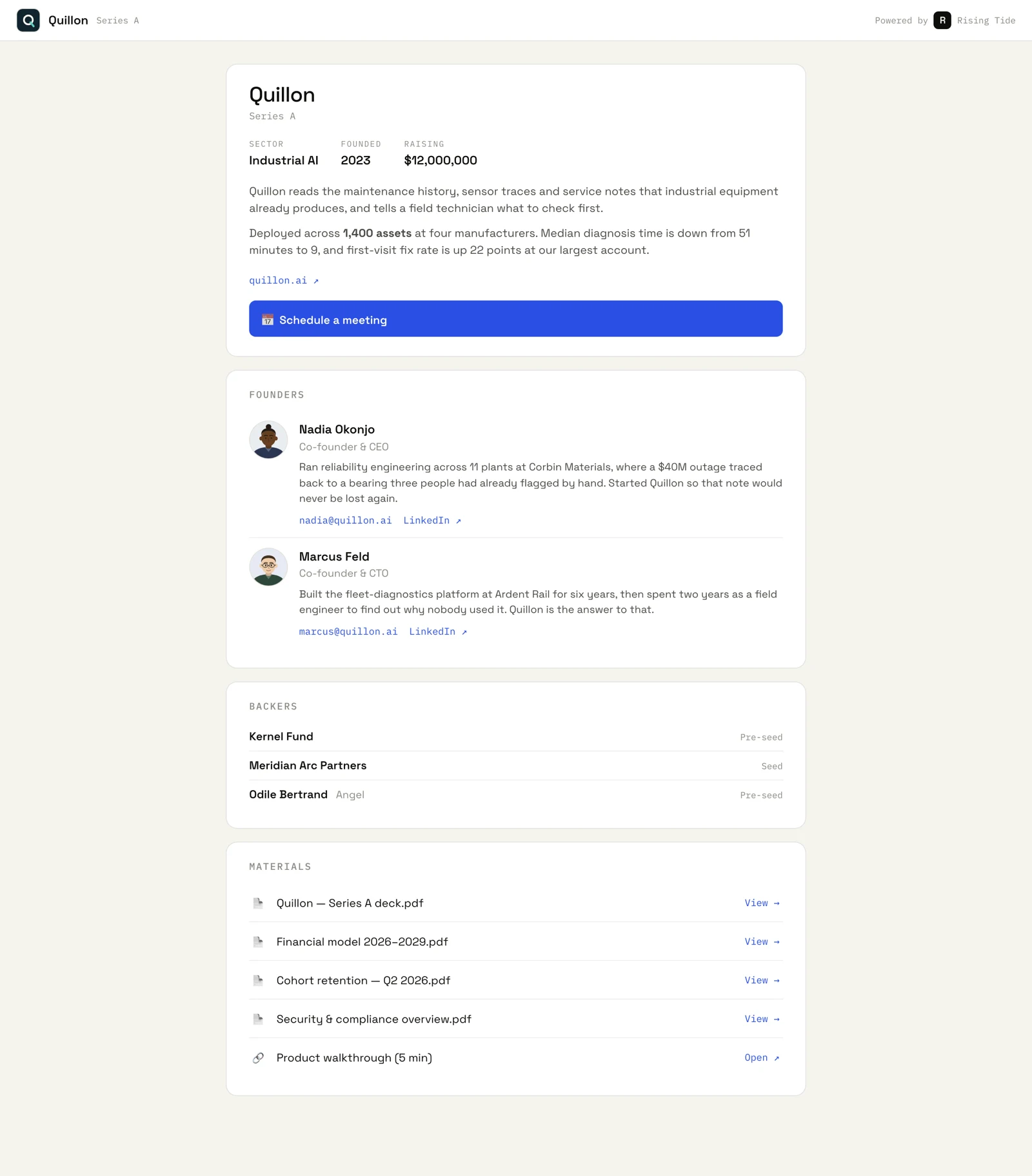 The data room as an investor sees it: company overview, founders, backers, materials and a button to schedule a meeting.