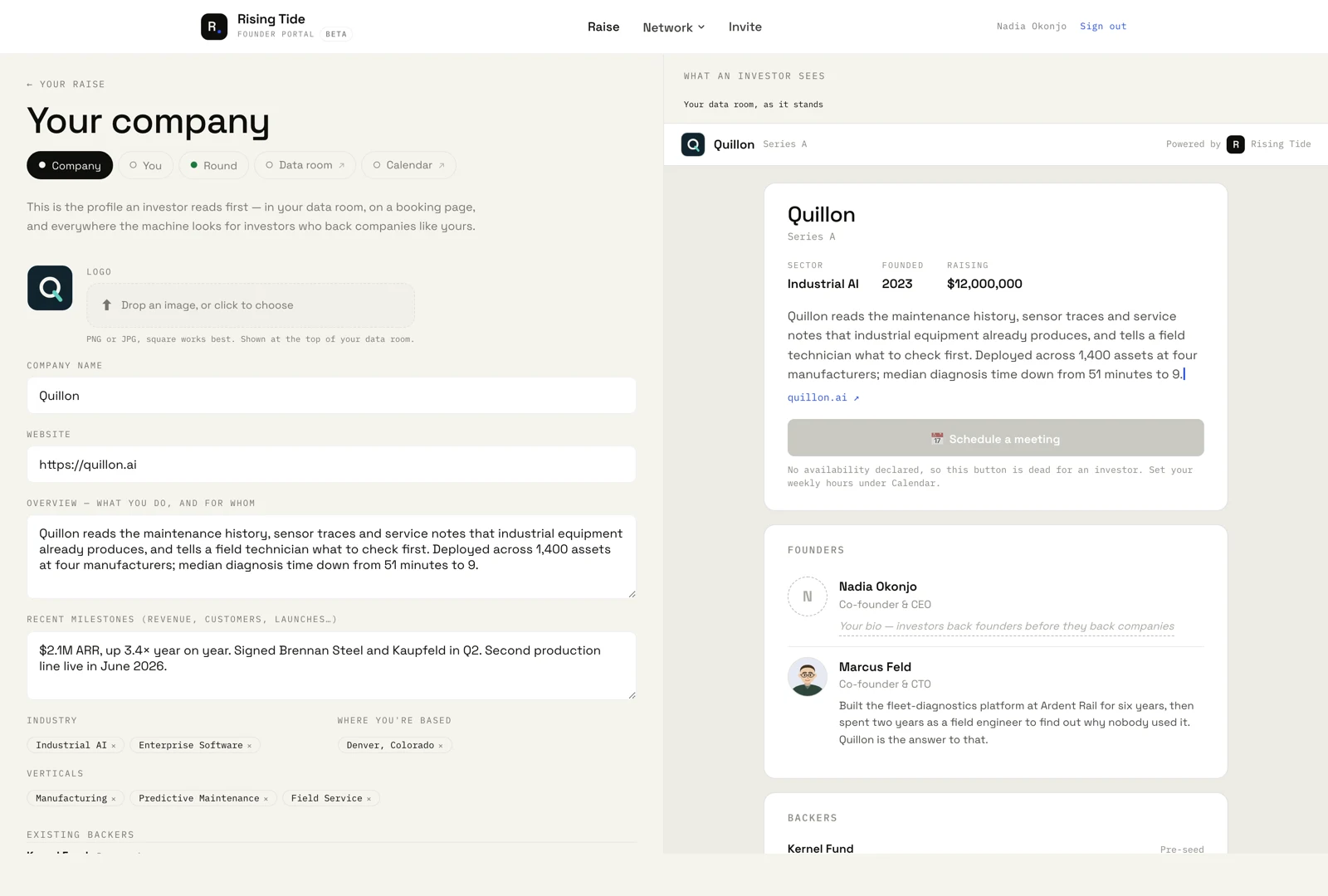 The Stage setup screen: a company profile form on the left, with the founder's data room assembling live on the right.